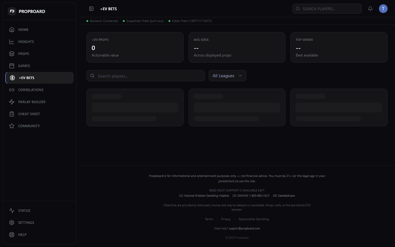 EV bets dashboard showing edge percentages and win probabilities